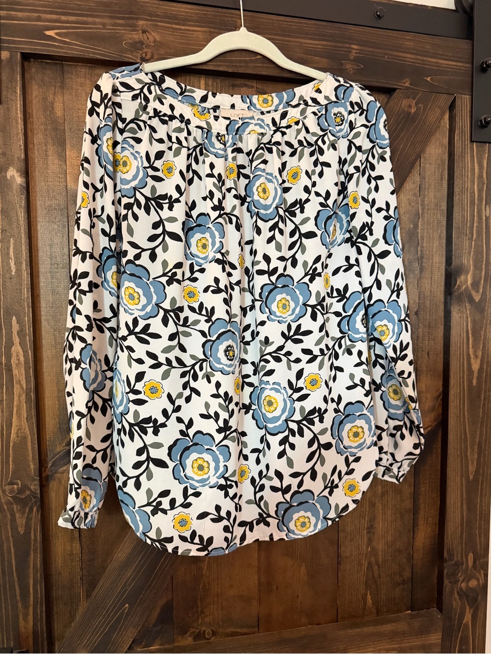 LOFT White Floral Peasant Blouse with Blue and Yellow Flowers